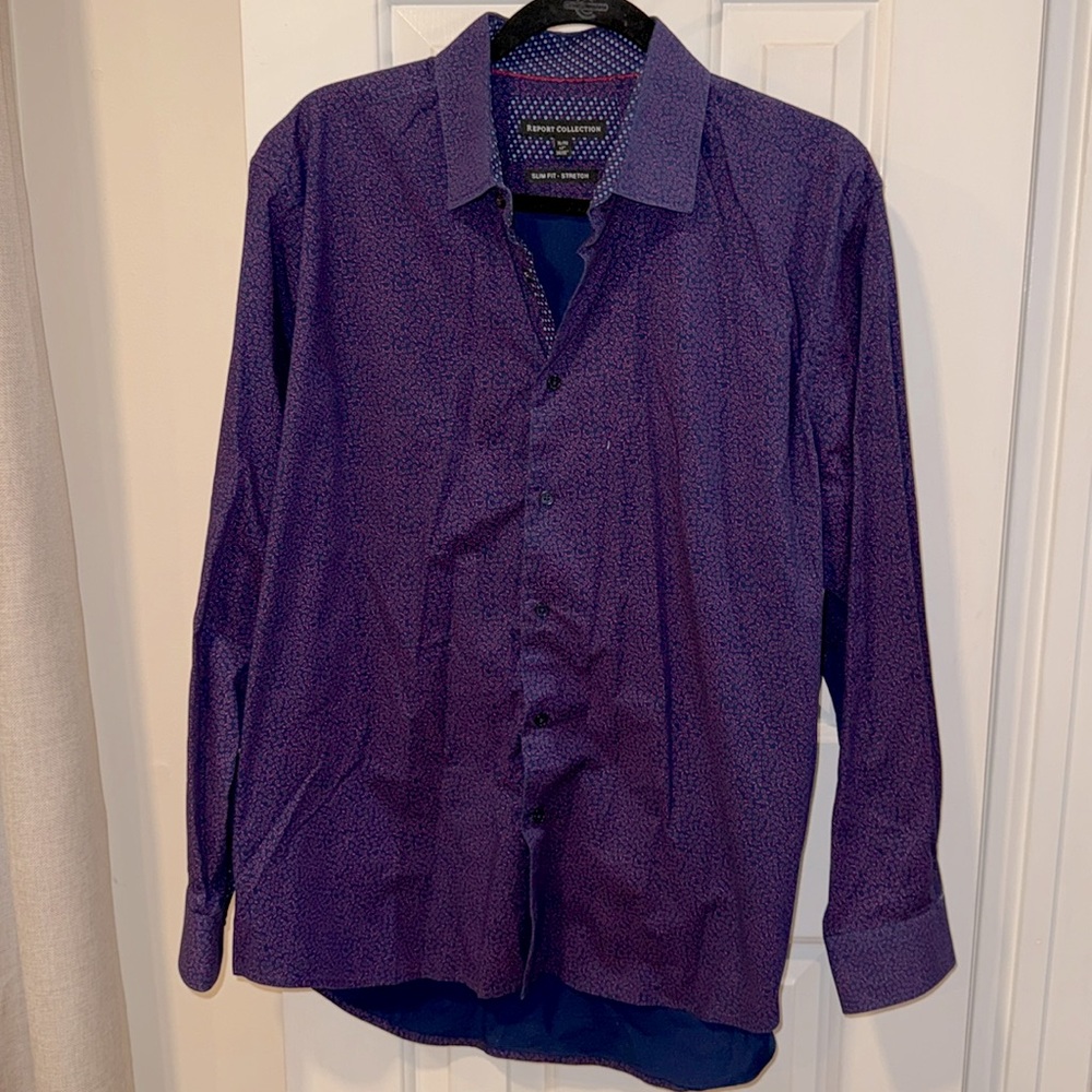 Men’s purple with red flowers button down